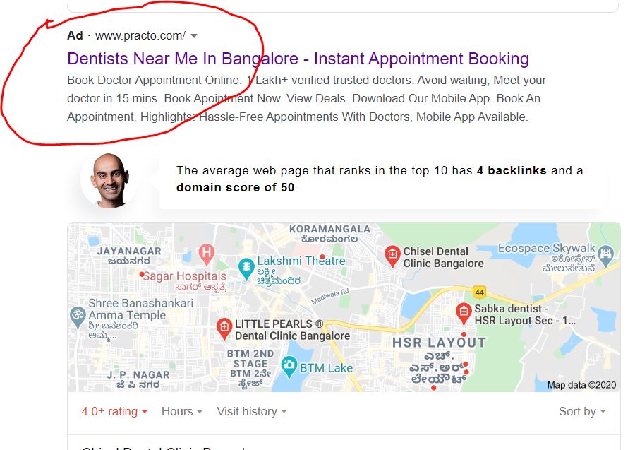 The image shows the example of Digital Marketing for Doctors in India through PPC ads